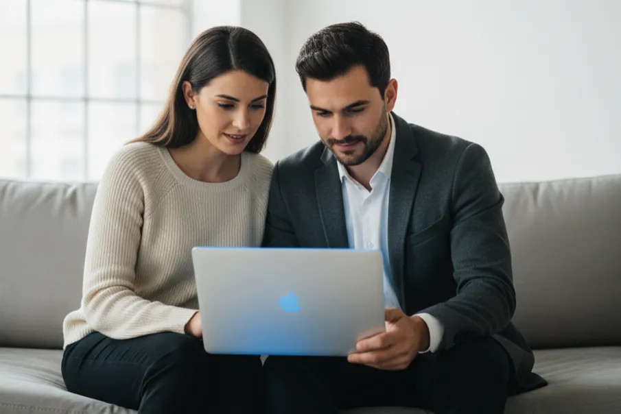 Two professionals looking at a laptop