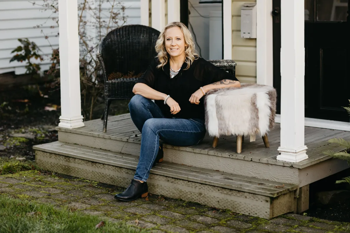 Close-up of Jessica in reflective moment outdoors