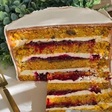 Strawberry cake with cream filling and fresh berries, made to order bakery dessert