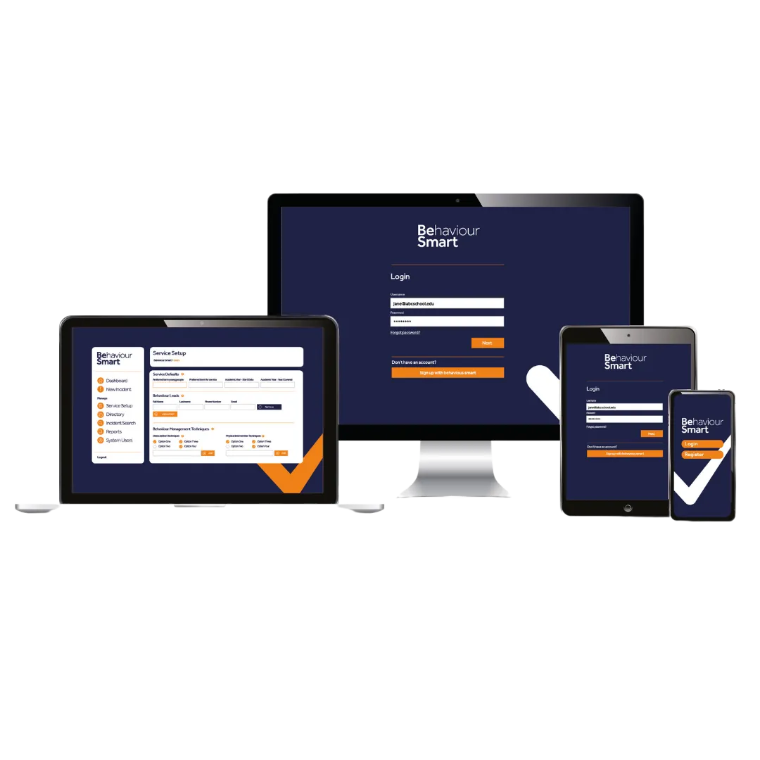 Behaviour Smart dashboard mockups on mobile phone, tablet, and desktop – showcasing responsive behaviour tracking and analytics tools for schools