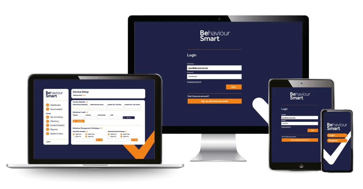 Behaviour Smart login dashboard mockup displayed on multiple devices, showing the platform’s responsive and user-friendly design.