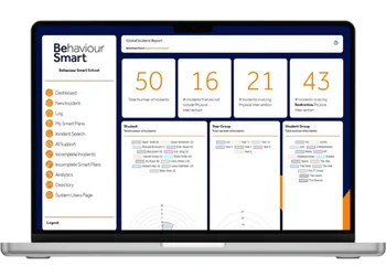 Behaviour Smart dashboard displayed on a laptop showcasing behaviour tracking, safeguarding reports, and student wellbeing insights for UK schools.