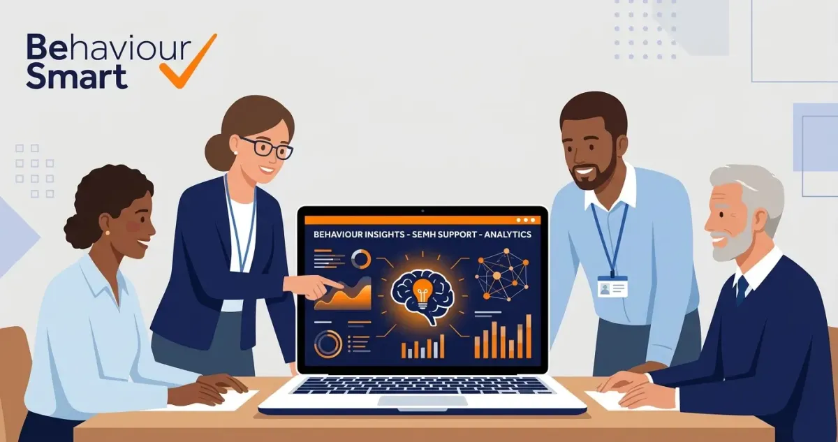 A diverse group of school staff collaborating around a laptop displaying the Behaviour Smart dashboard, featuring AI-powered behaviour insights, SEMH support data, and school analytics.