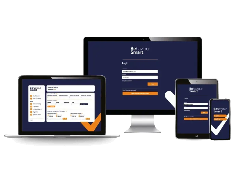 Behaviour Smart behaviour incident reporting and analytics software displayed on a laptop, desktop monitor, tablet and smartphone, showing responsive multi-device access.
