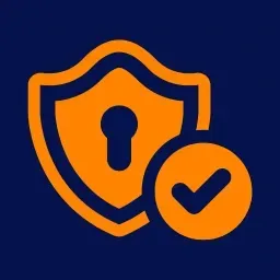 Orange shield with keyhole and tick icon on navy background, representing secure behaviour data protection in Behaviour Smart.