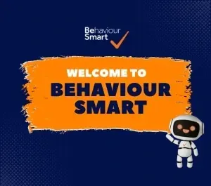 Welcome to Behaviour Smart banner with a waving robot and company logo on an orange paint stroke background.