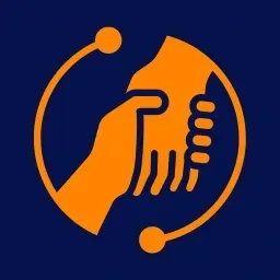 Two orange hands holding within a circle on a navy background, symbolising Behaviour Smart’s trauma informed support for staff and pupils.