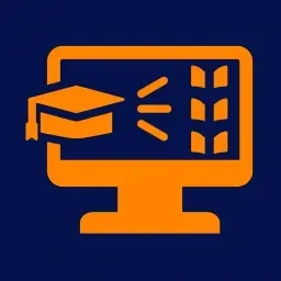 Orange computer and graduation cap icon on navy background, representing Behaviour Smart online training and behaviour management learning.