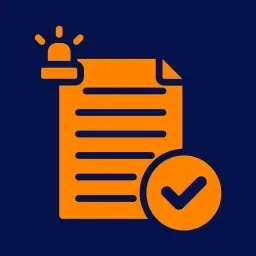 Orange document with alert light and tick icon on navy background, representing Behaviour Smart behaviour incident reporting and compliance.
