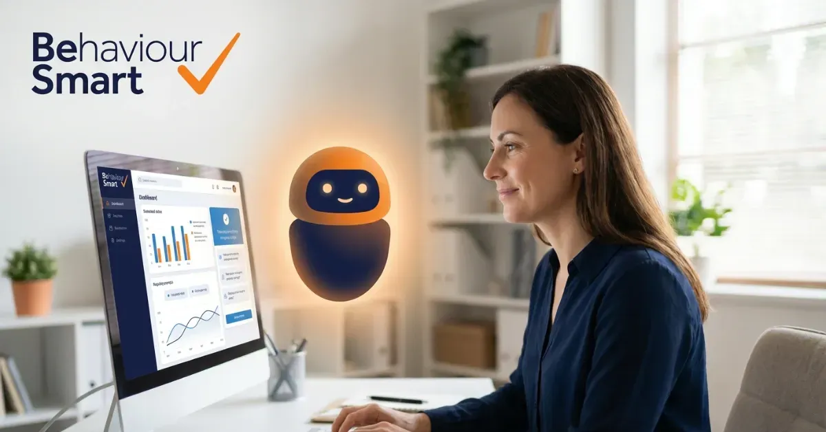 A modern laptop on a wooden desk in a bright school office, displaying the Behaviour Smart AI-powered dashboard with behavior analytics and incident reporting tools for UK schools.
