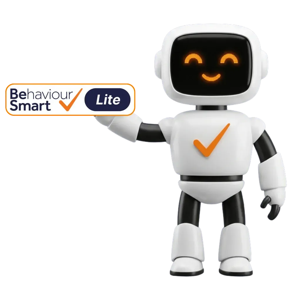 Clean graphic of the Behaviour Smart Bot, a white AI robot with an orange checkmark, holding the "Behaviour Smart Lite" banner, representing AI behaviour management software for schools.