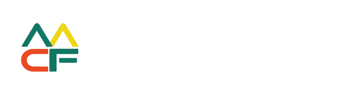 AACF Logo featuring teal and red interconnected triangles forming abstract 'A' shapes with the foundation name in English and Chinese, set on a white rectangular background.