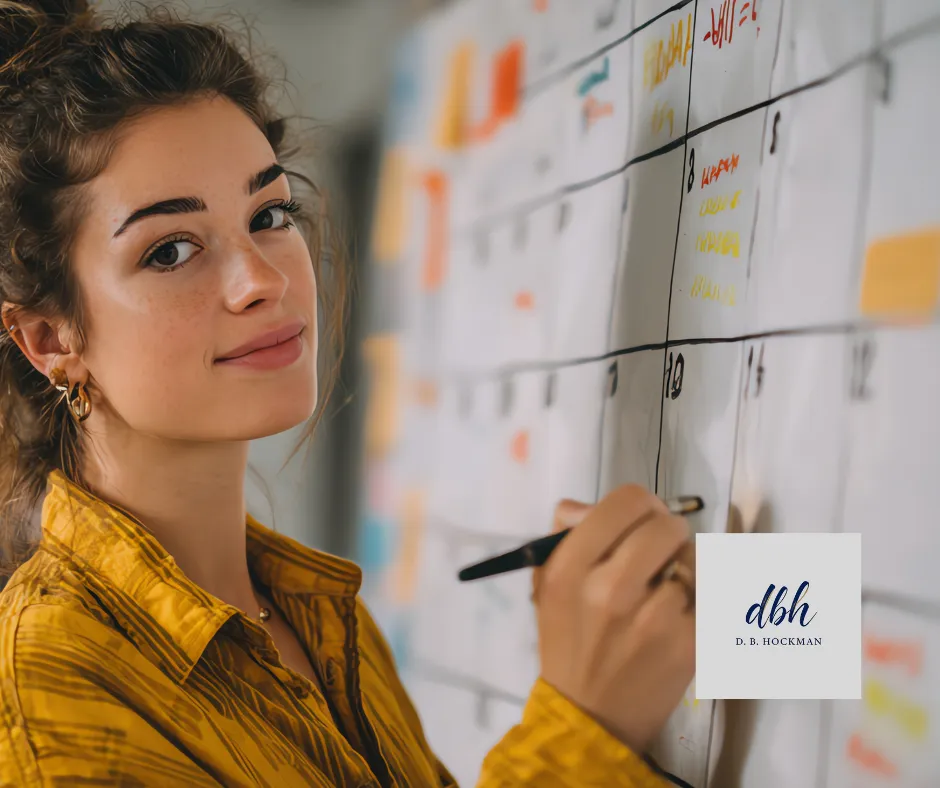 Woman writing on a large whiteboard calendar. 