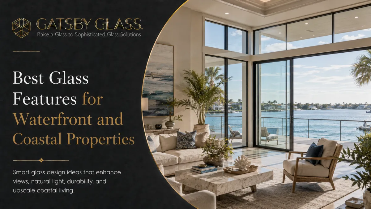 Modern waterfront home featuring custom glass railings, frameless shower doors, and large glass panels with coastal views