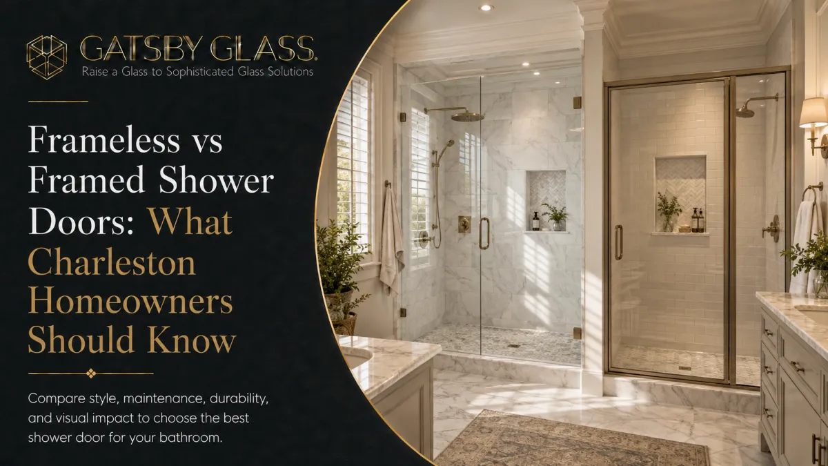 Side-by-side comparison of frameless and framed glass shower doors in modern Charleston bathrooms