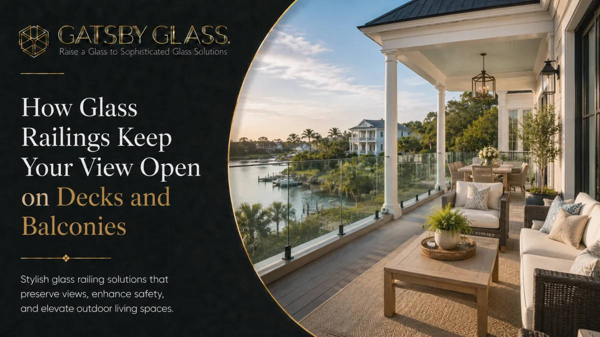 Glass railings on a deck and balcony providing safety while keeping outdoor views open