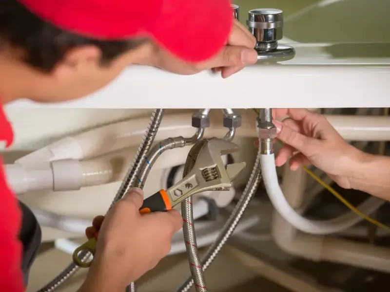 Plumbers replacing braided supply lines and connections beneath a bathroom sink.
