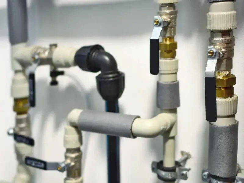 Close-up of new shutoff valves and insulated pipes installed at a repipe manifold.