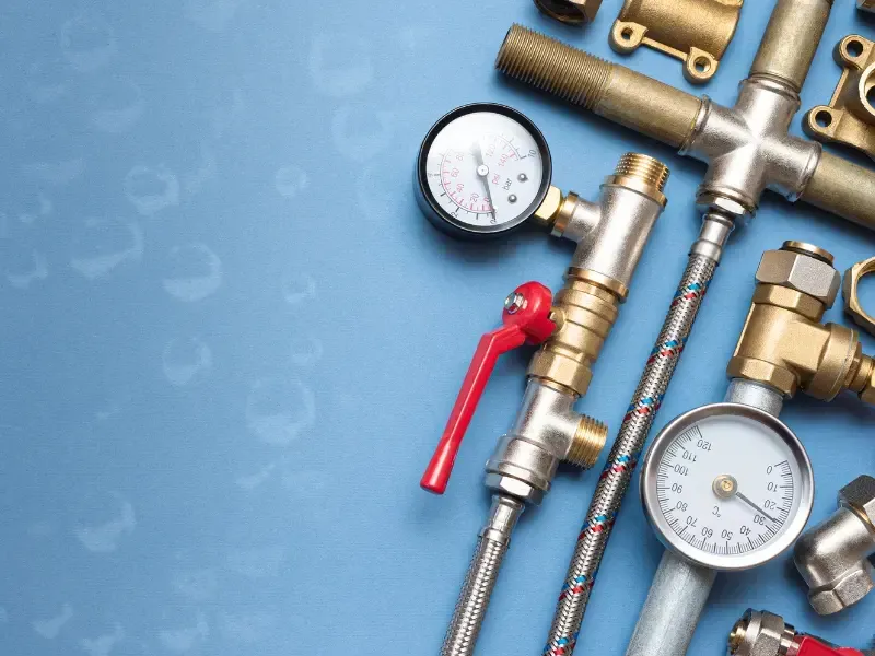 Brass fittings, valves, and pressure gauges used in specialized plumbing installation and repair.