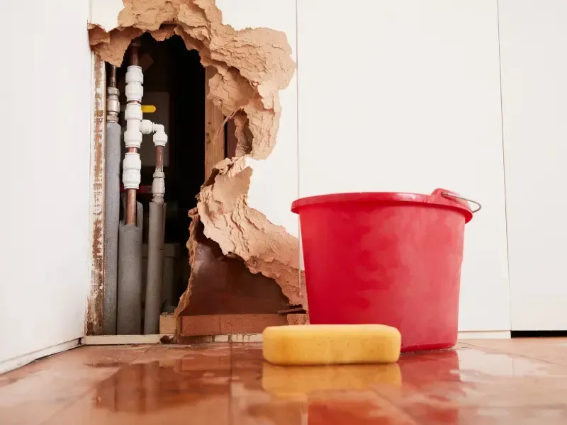 Hole in wall exposing burst pipes with bucket and sponge for water cleanup.