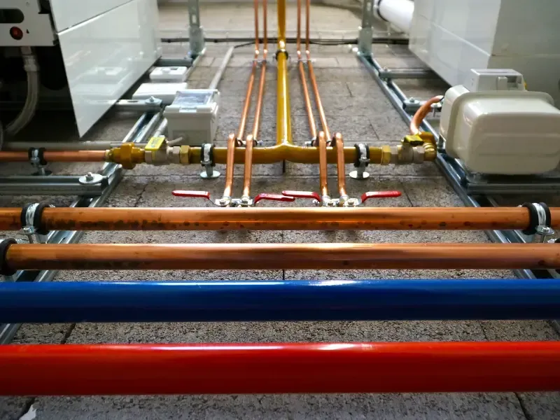 Copper and PEX plumbing lines feeding a repiped water manifold system.