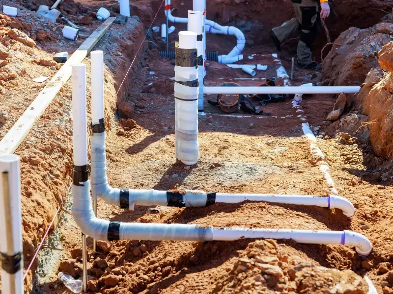 Underground plumbing pipe trench with connections at a construction site.