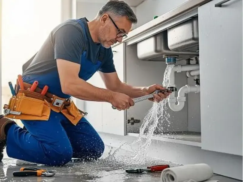 24-hour emergency plumber tightening a leaking pipe connection beneath a sink with water pouring onto the floor.