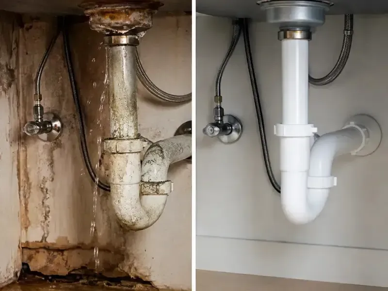 Before and after plumbing repair of leaking, corroded pipes under a sink.