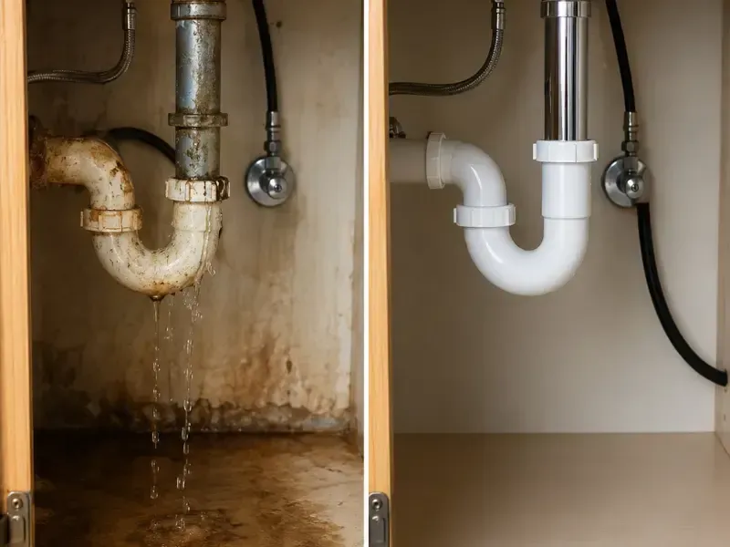 Before and after comparison of a corroded leaking pipe replaced with a new PVC P-trap.