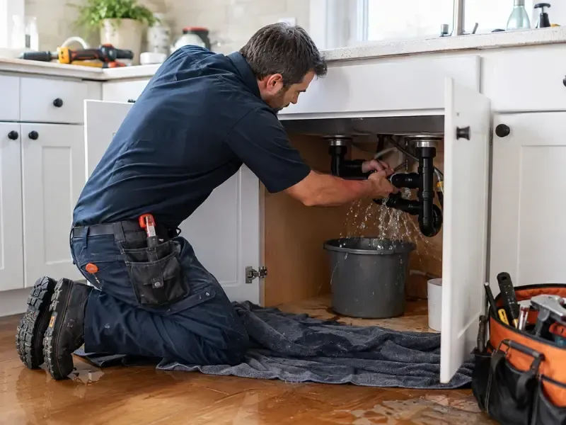 Emergency plumber repairing a leaking pipe under a kitchen sink with water dripping into a bucket.