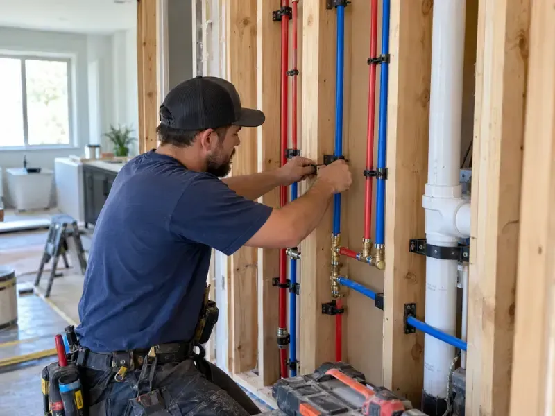 Plumber securing red and blue PEX piping to wall studs during whole-home repipe project.