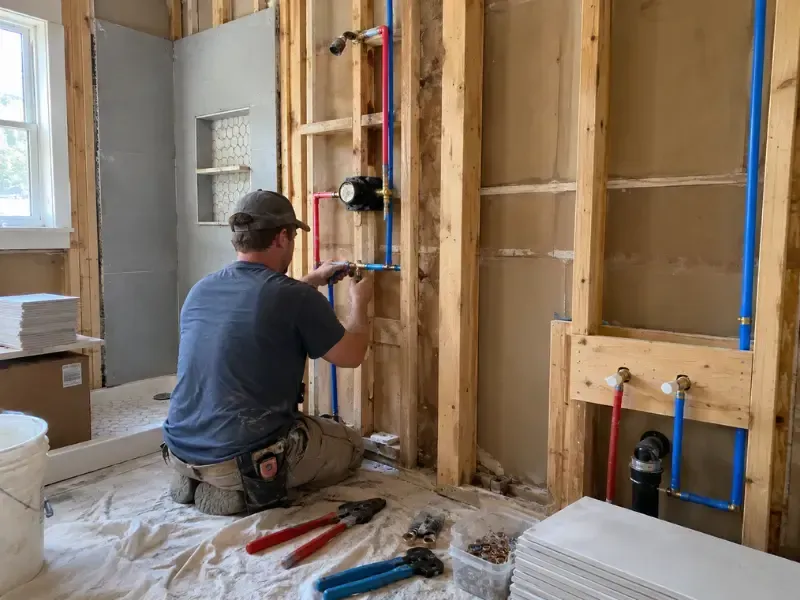 Plumber connecting red and blue PEX pipes to a shower valve during bathroom rough-in plumbing installation.