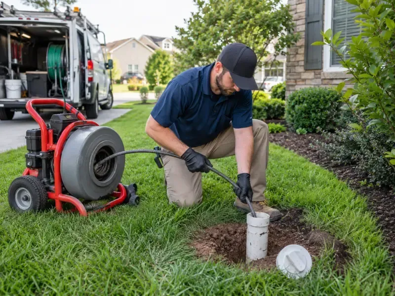 Plumber using a drain snake machine to clear a residential sewer cleanout pipe in the front yard.
