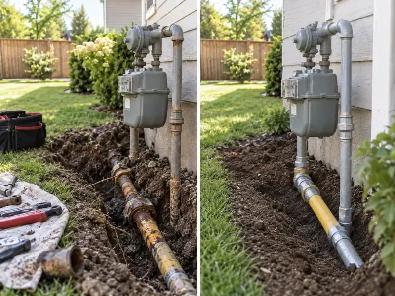Before and after photos of an underground gas line repair showing a corroded black steel pipe replaced with a new yellow-coated gas line running to an exterior meter.