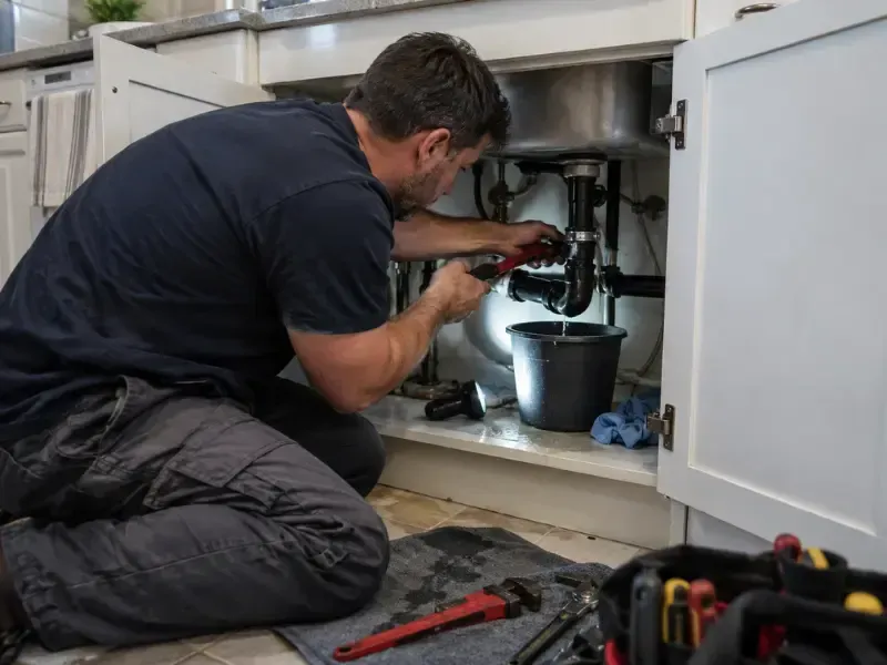 Plumber using a wrench to repair a leaking pipe under a kitchen sink, with a bucket catching water and tools laid out on the floor.