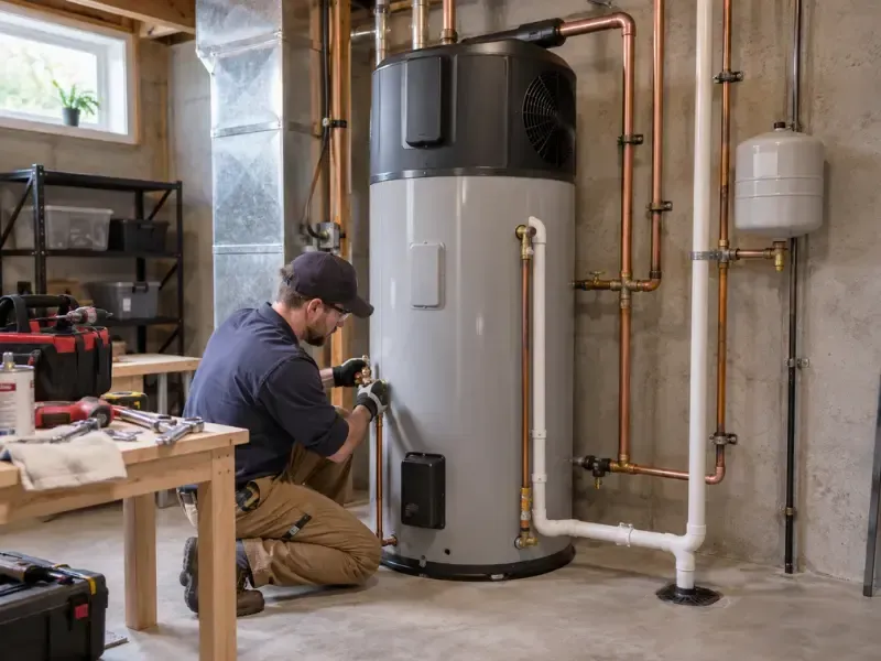 Technician kneeling to install a heat pump water heater in a basement utility room with copper piping and an expansion tank.