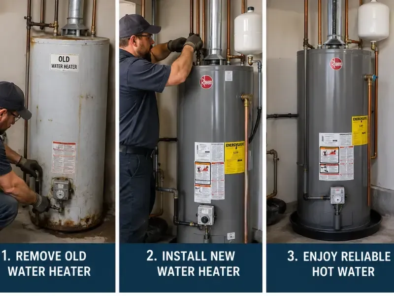 Three-step water heater replacement process: removing the old unit, installing the new Rheem heater, and the finished installation.