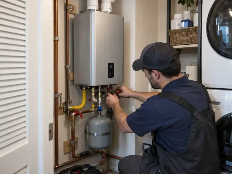 Technician installing a tankless water heater in a utility closet, adjusting valves near the expansion tank next to a washer and dryer.