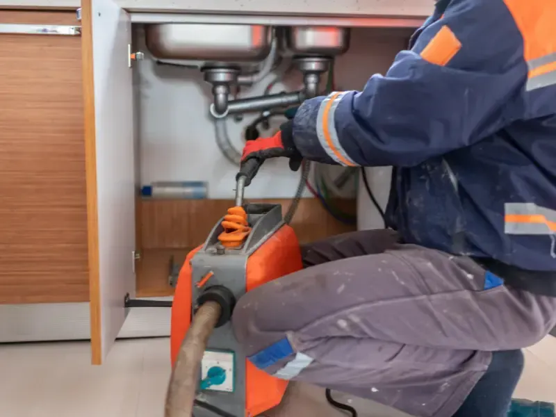 Plumber using a drain cleaning machine under a kitchen sink to clear a clogged pipe.