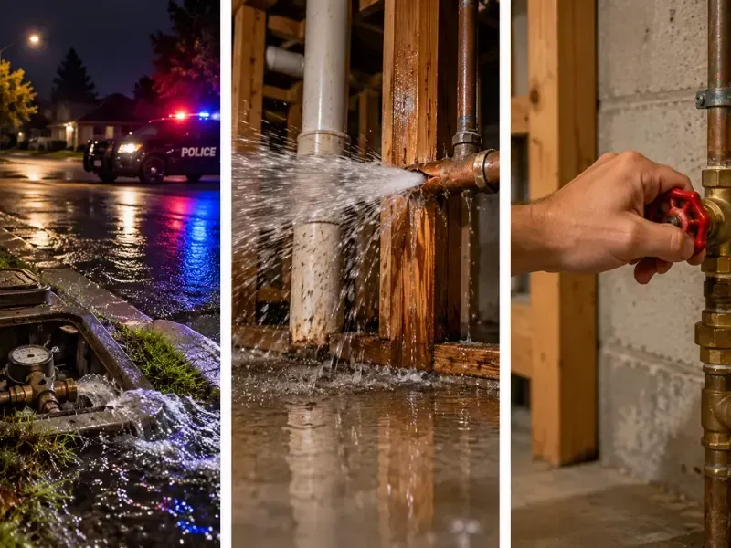 Three-panel image showing a police car at a night-time street water leak, a burst pipe spraying inside a home, and a hand closing a red shutoff valve.