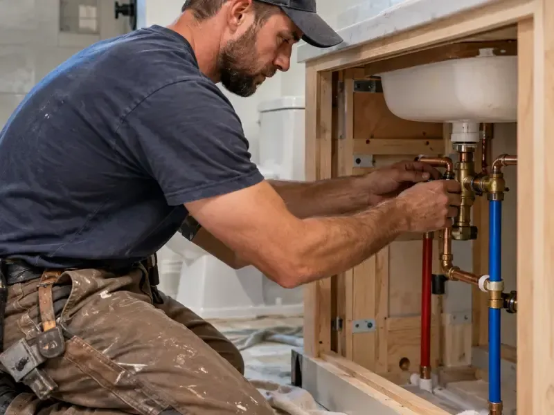 Plumber connecting copper and PEX supply lines inside an open bathroom vanity wall in a Bellevue, WA home.