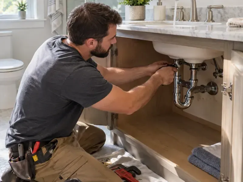 Plumber kneeling at an open vanity cabinet while fixing the chrome P-trap under a bathroom sink.
