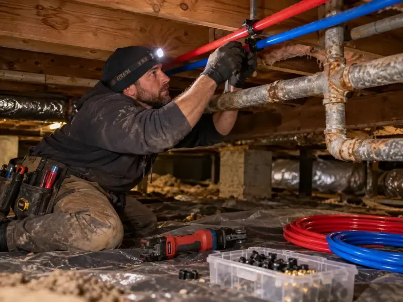 Professional plumber working in a residential crawlspace while repairing and replacing water supply pipes beneath a home.