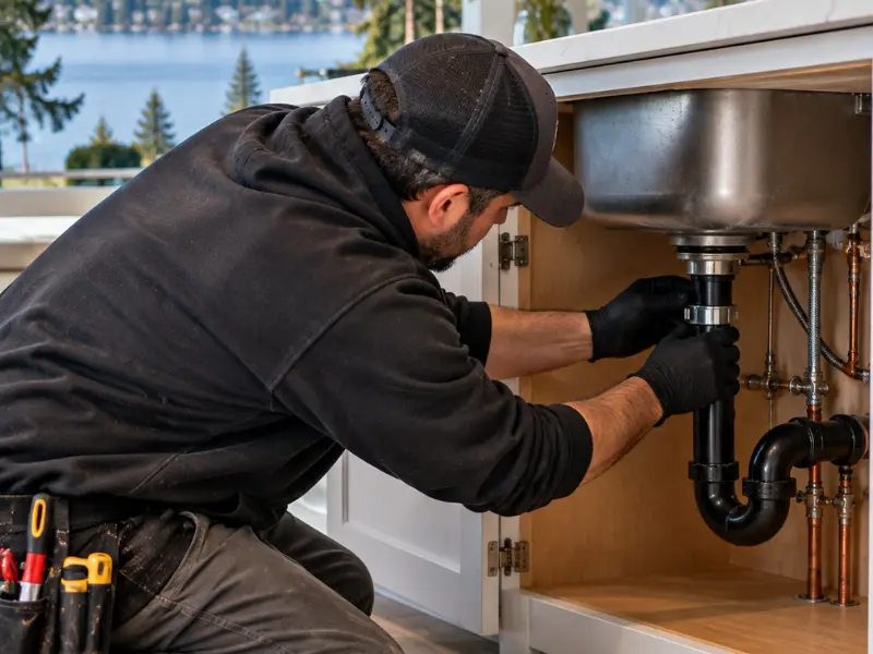 Plumber in a black hoodie and cap installing under-sink drain pipes in a kitchen cabinet, with a waterfront view in the background.