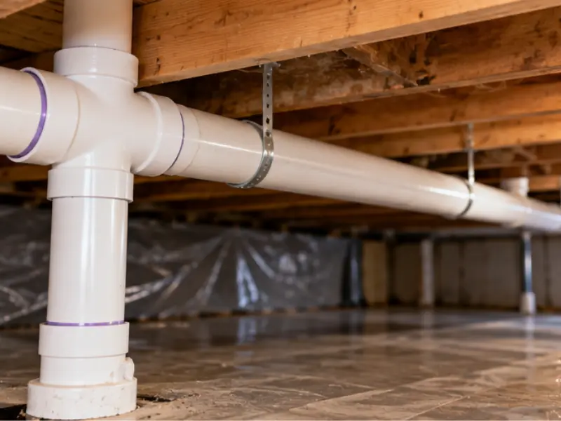 Newly installed white PVC waste line with hangers running through a crawl space after replacement.
