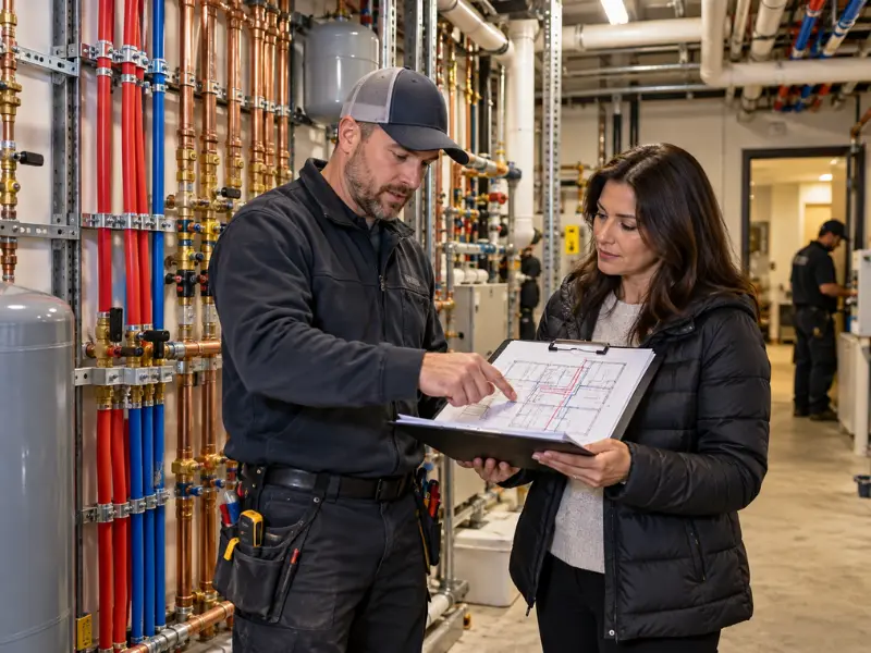 Plumber reviewing repiping plans with a property manager in a commercial mechanical room lined with copper and PEX piping and expansion tanks.