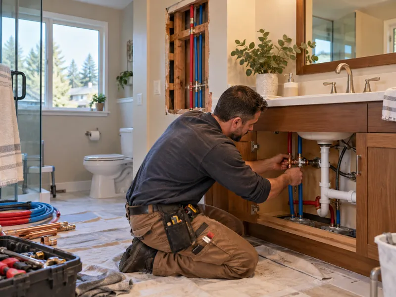 Plumber connecting new red and blue PEX hot and cold water lines under a bathroom vanity, with an open wall cavity showing the new repipe.