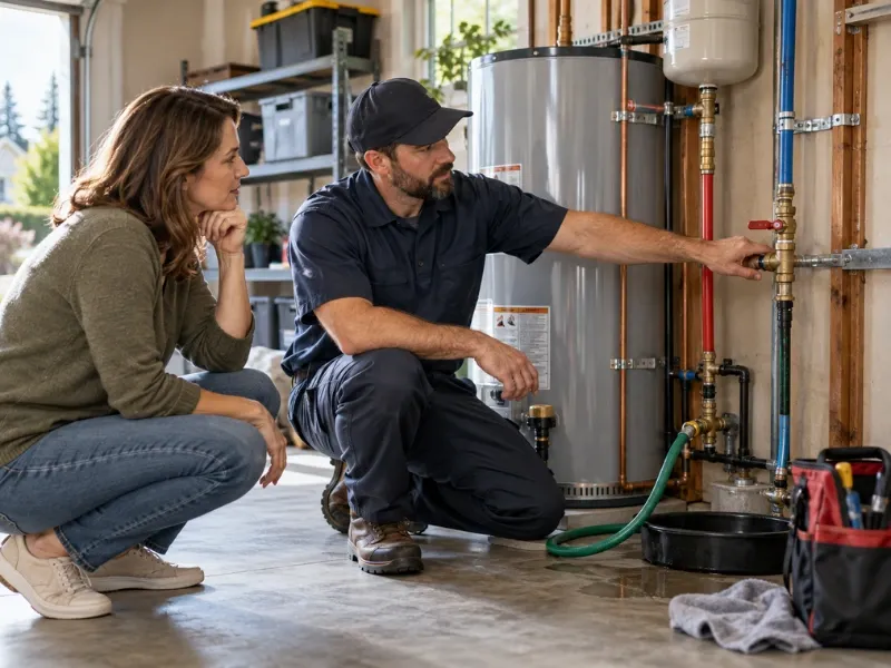 Plumber showing a homeowner the water and gas connections on a tank water heater in a garage.