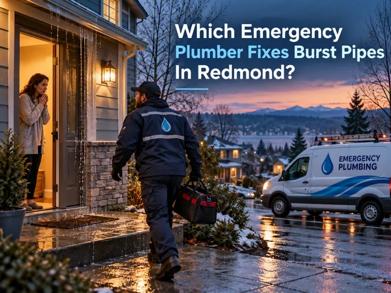 Emergency plumber carrying a tool bag toward a home in Redmond with water pouring from the doorway, as a worried homeowner waits and a plumbing van is parked nearby.