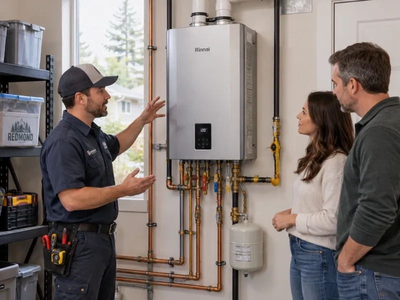 Technician explaining a Rinnai tankless water heater installation to a homeowner couple in a garage.
